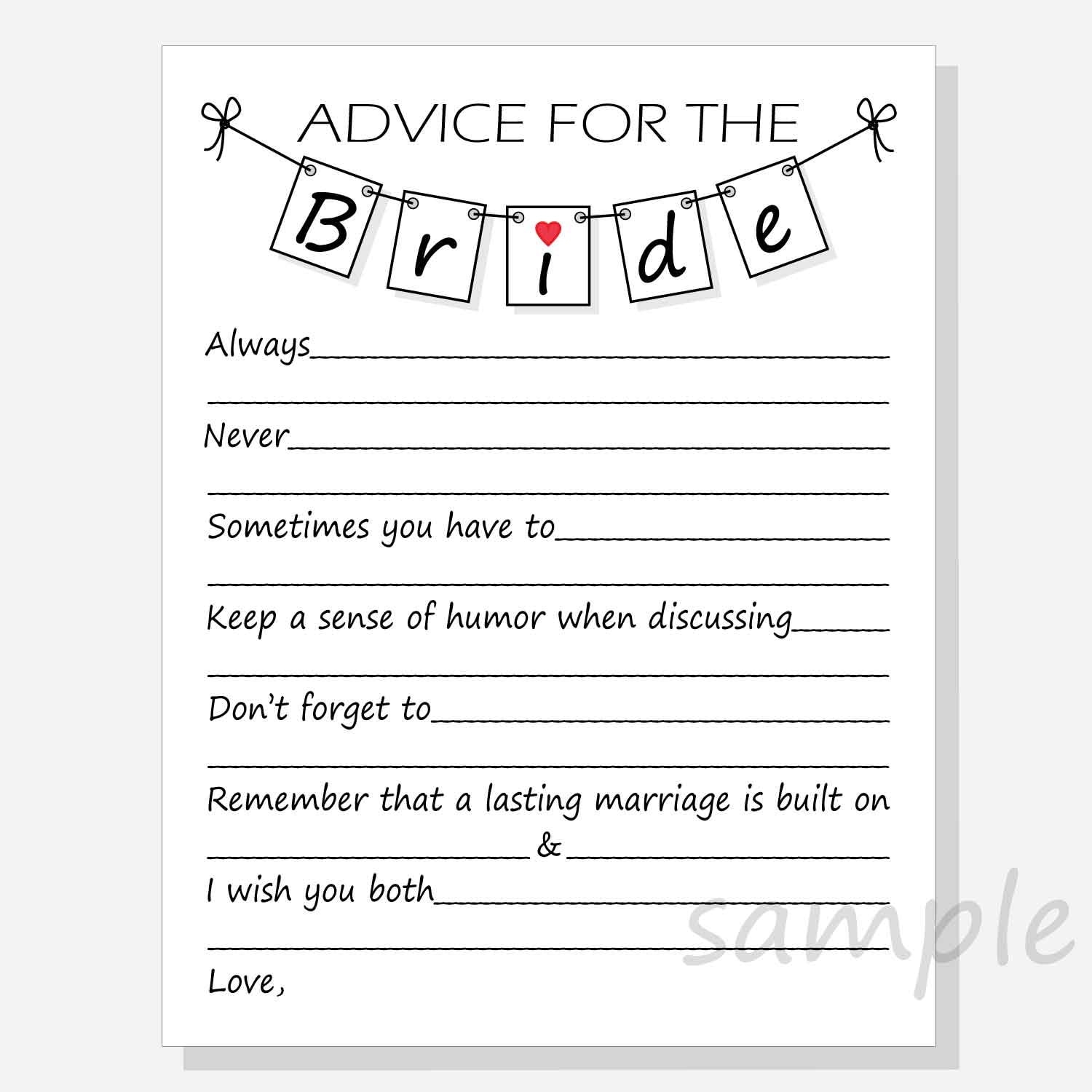 DIY Advice For The Bride Printable Cards For A Bridal Shower Pennant Design Always Never Etc With Red And Hot Pink Hearts Etsy - Free Printable Bridal Shower Advice Cards