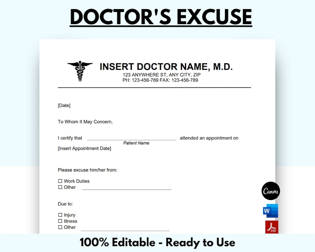 Doctor Excuse Template Doctor Excuse For Work Doctor Excuse Letter Doctor Note For Work Doctor Notes Excuse Letter Instant Download Etsy - Doctor Notes For Free Printable
