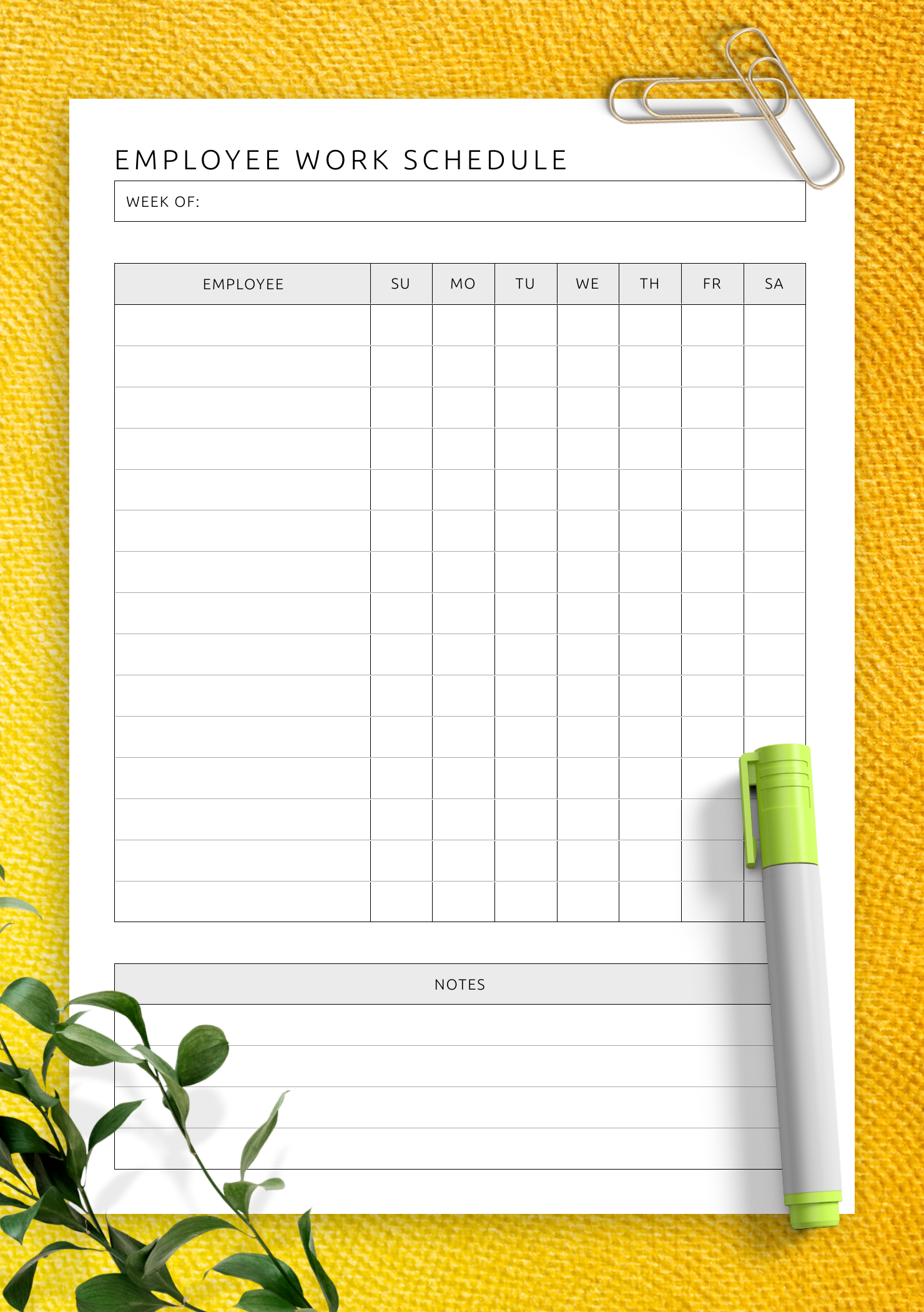 Download Printable Employee Work Schedule Template PDF - Free Printable Blank Work Schedules