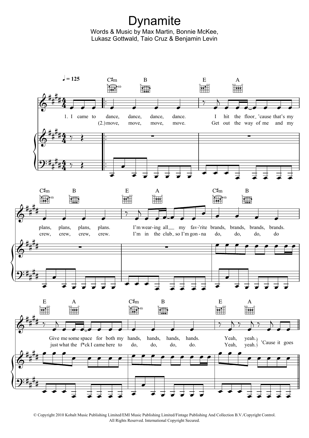 Dynamite Sheet Music Taio Cruz Piano Vocal Guitar Chords - Dynamite Piano Sheet Music Free Printable