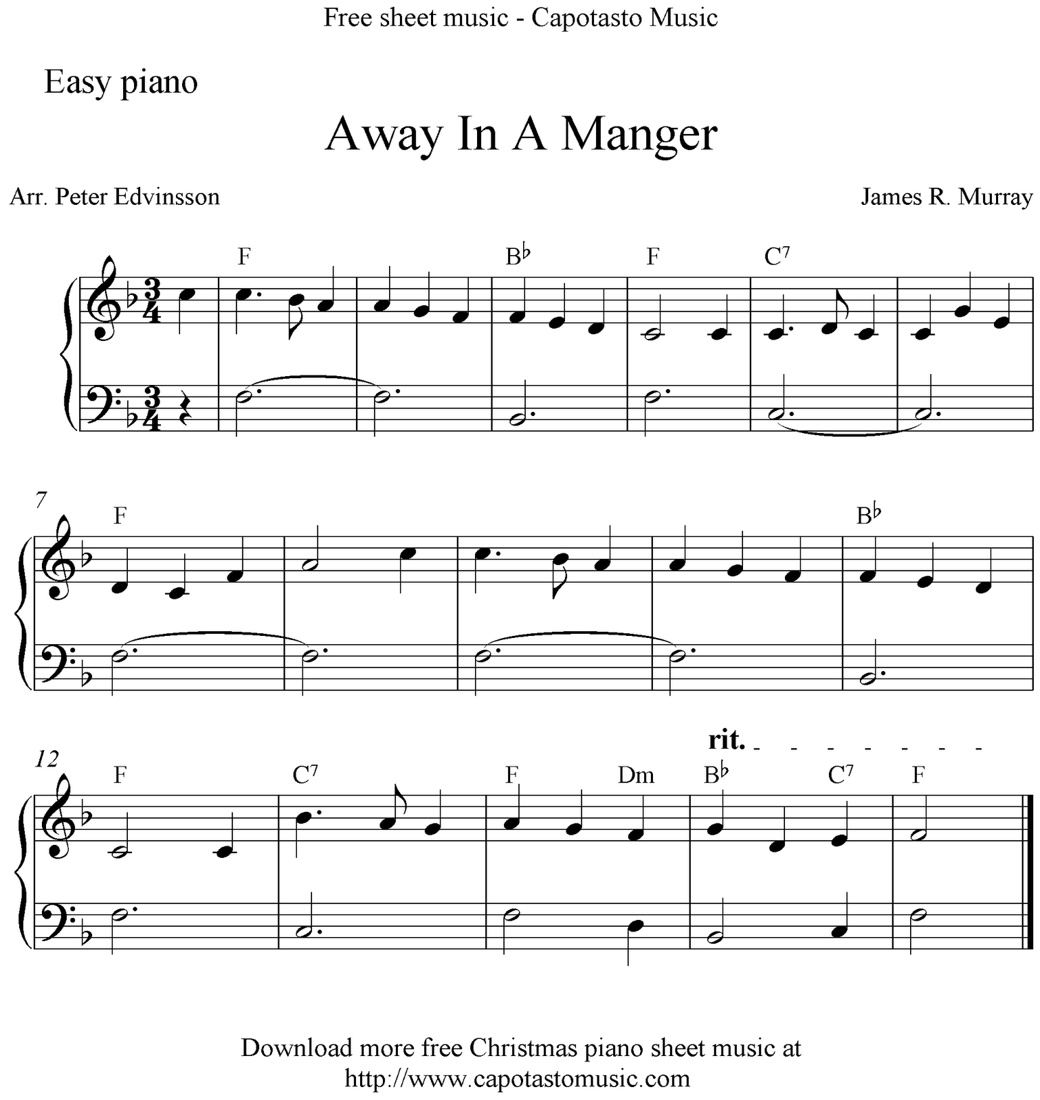 Easy Piano Arrangement By Peter Edvinsson Of The Christmas Carol Away In Manger Free Printable Christm Christmas Piano Sheet Music Sheet Music Christmas Piano - Free Christmas Piano Sheet Music For Beginners Printable