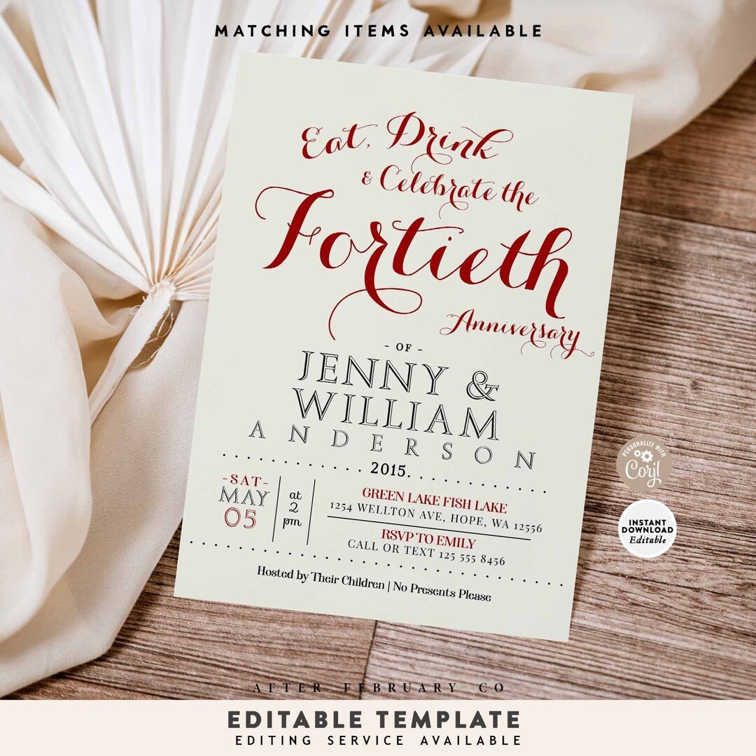 EDITABLE 40th Anniversary Invitation Wedding Anniversary Invite Printable Template Instant Download 532 40 1 Etsy - Free Printable 40Th Anniversary Invitations
