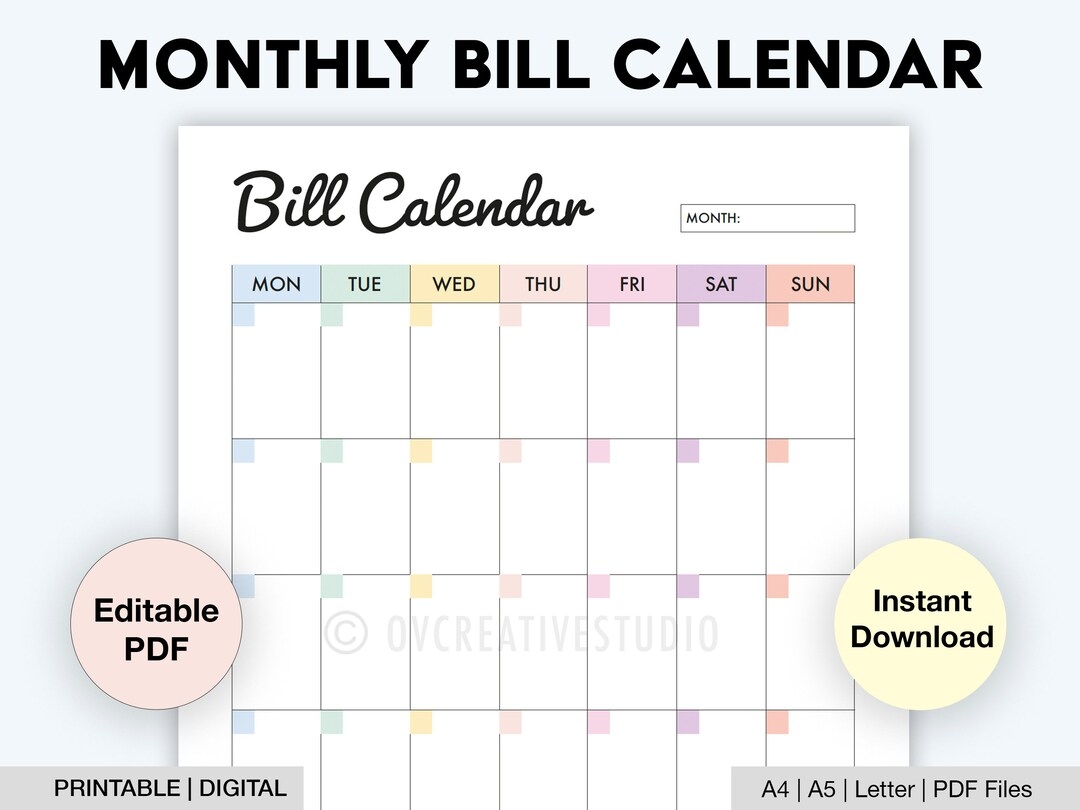 Editable Bill Calendar Printable Monthly Bill Planner Monthly Bill Log Bill Payment Checklist Bill Payment Tracker Digital PDF Etsy - Free Printable Bill Payment Schedule