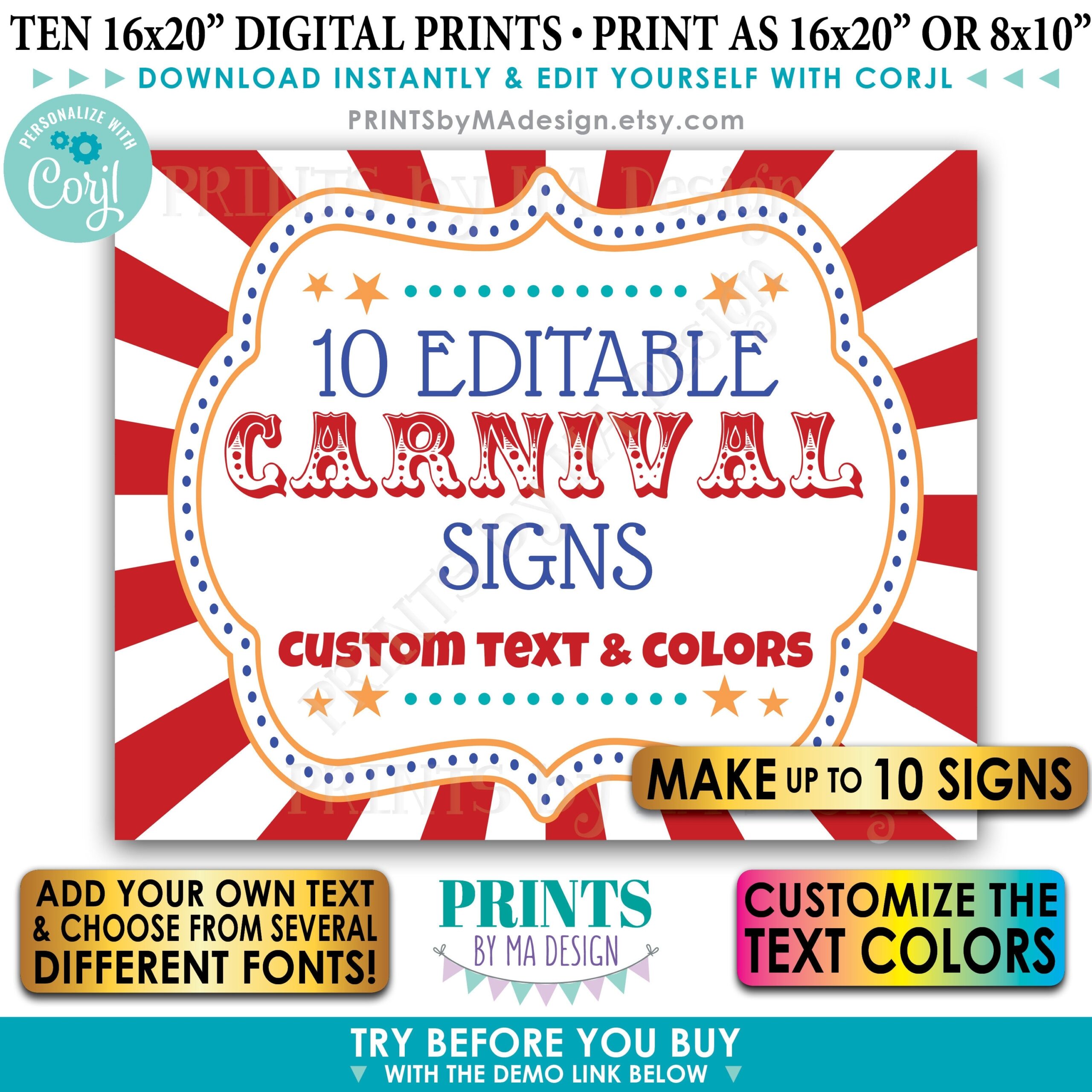 Editable Carnival Signs Circus Theme Party Birthday Make Up To 10 Custom PRINTABLE 8x10 16x20 Carnival Signs Edit Yourself W corjl Etsy - Free Printable Carnival Signs
