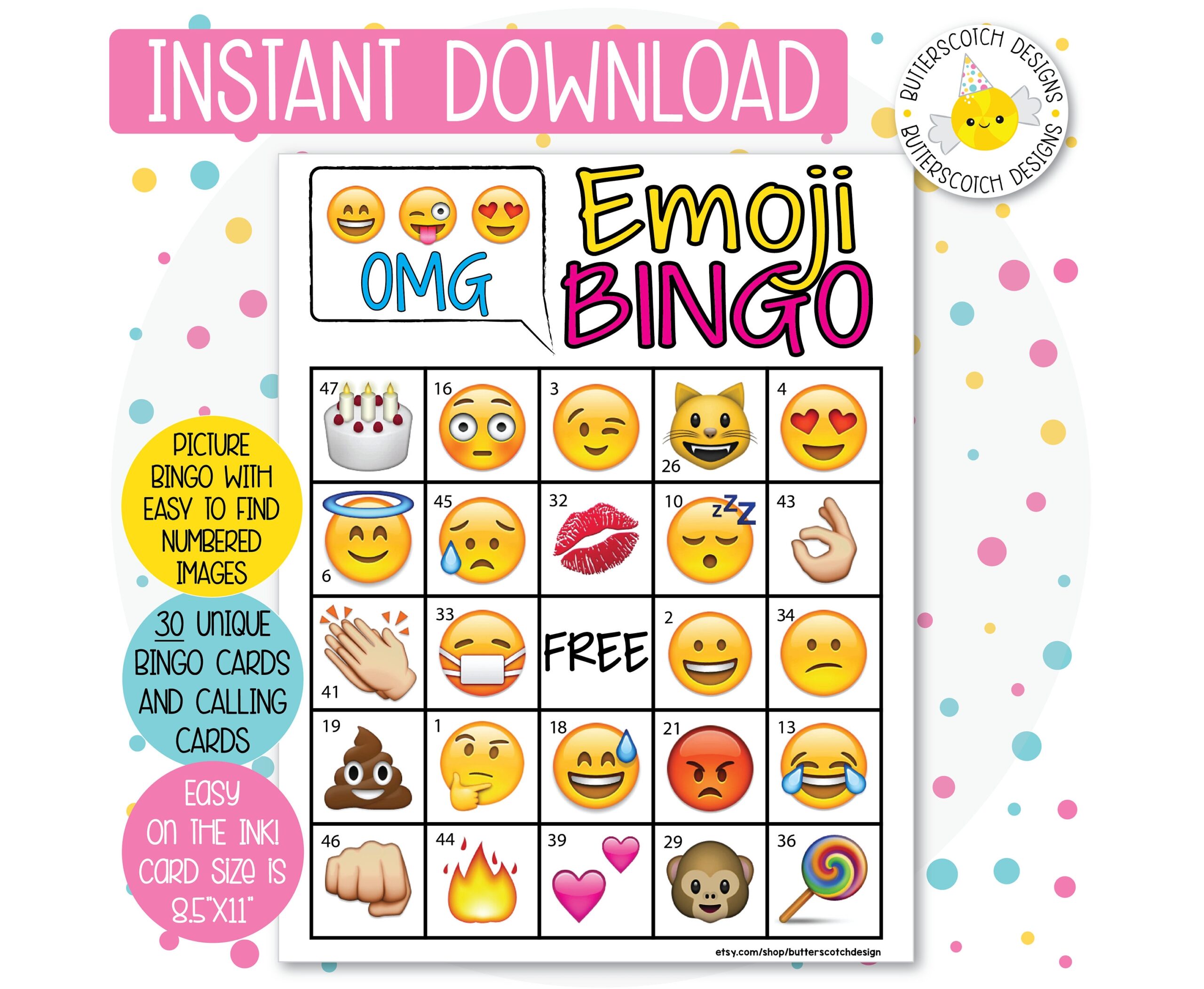 Emoji Printable Bingo Cards 30 Different Cards Instant Download Etsy - Free Emoji Bingo Printable