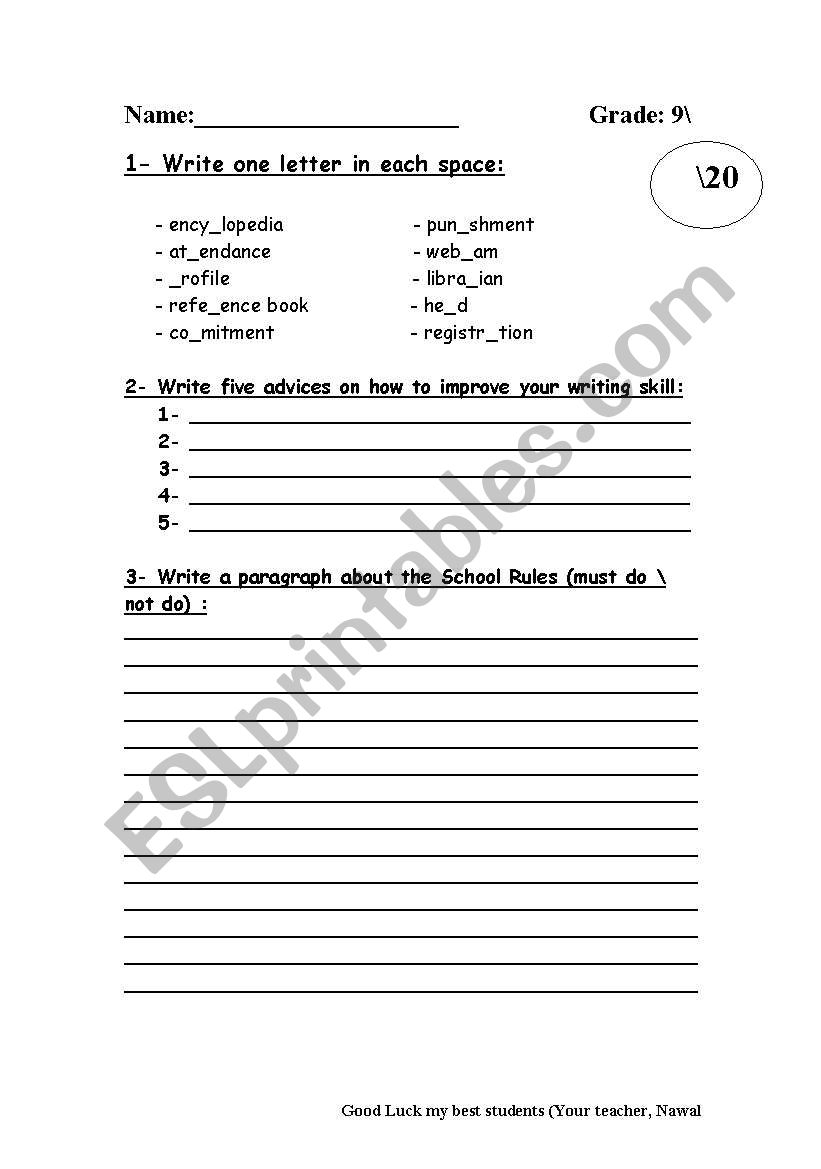 English Worksheets Writing Exam For Grade 9 - 9th Grade English Worksheets Free Printable