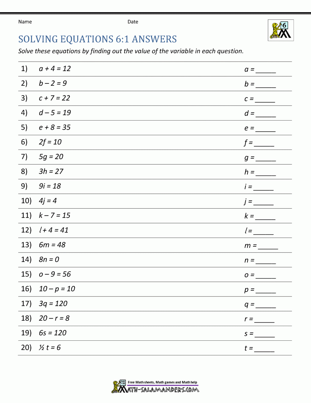 Expressions And Equations 6th Grade - Free Printable Algebra Worksheets Grade 6