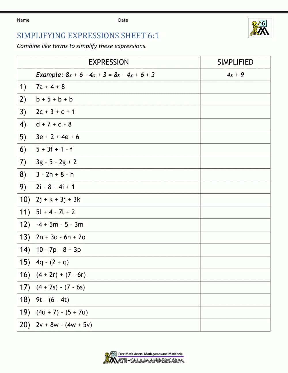 Expressions And Equations 6th Grade - Free Printable Algebra Worksheets Grade 6