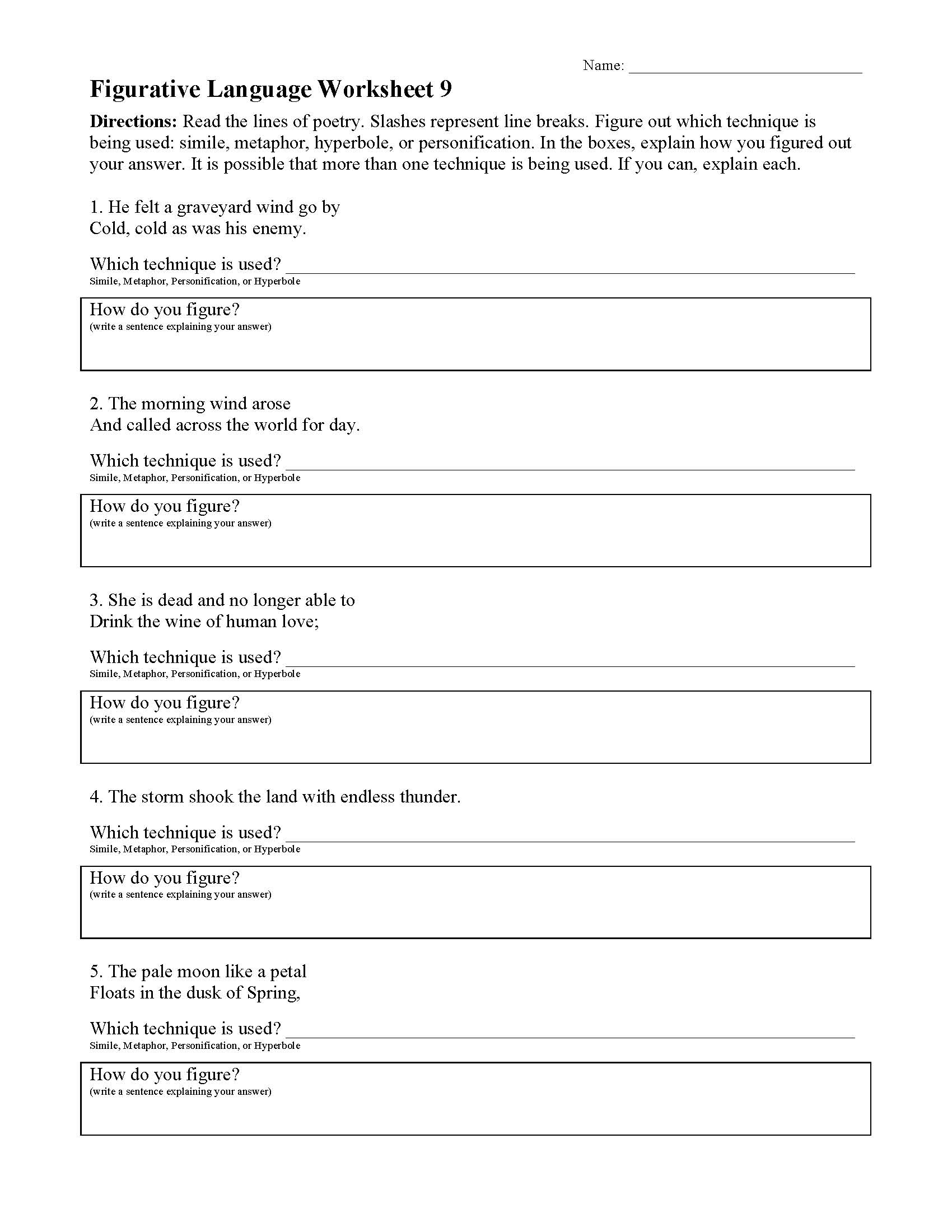 Figurative Language Worksheet 9 Reading Activity - 9th Grade English Worksheets Free Printable