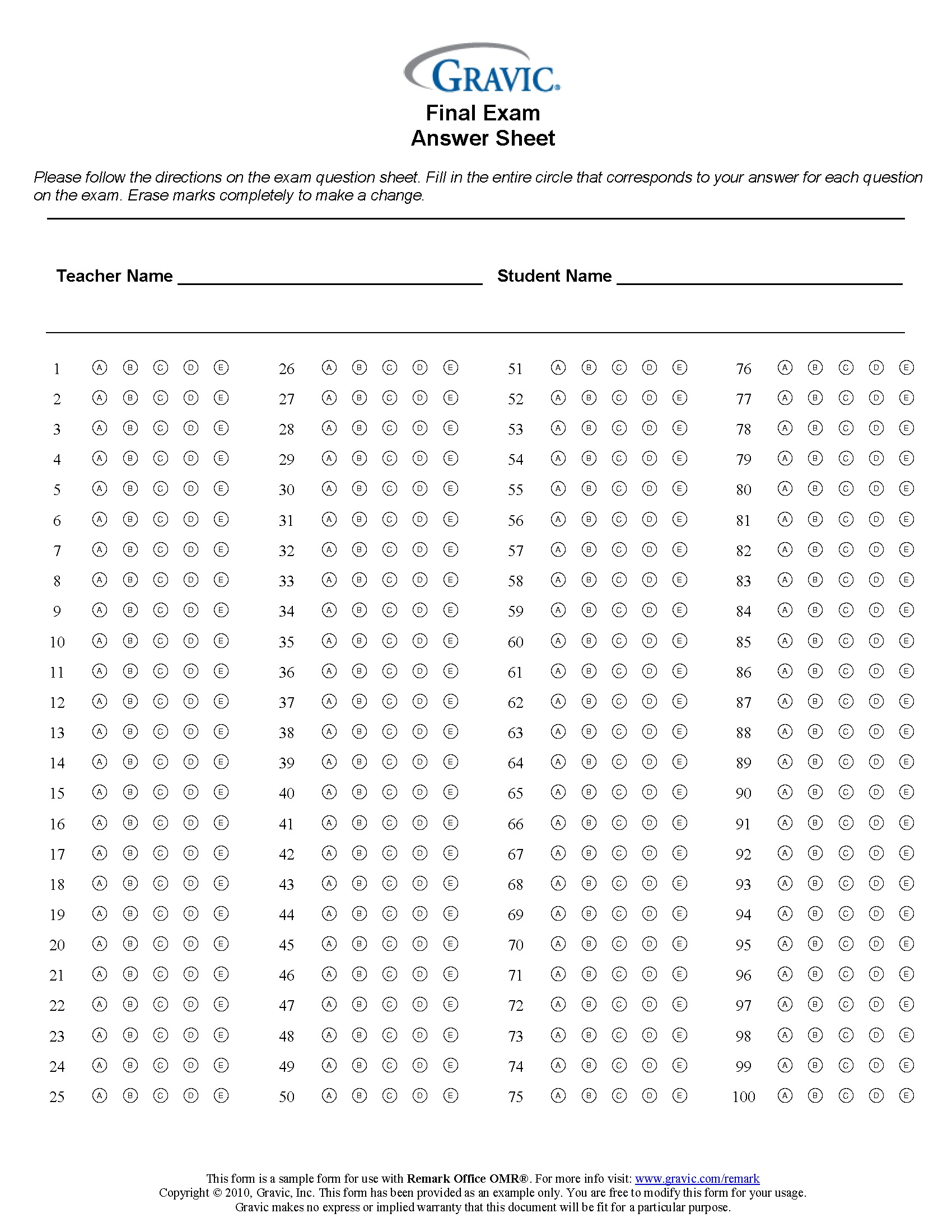 Final Exam 100 Question Test Answer Sheet Remark Software - Free Printable Bubble Answer Sheets