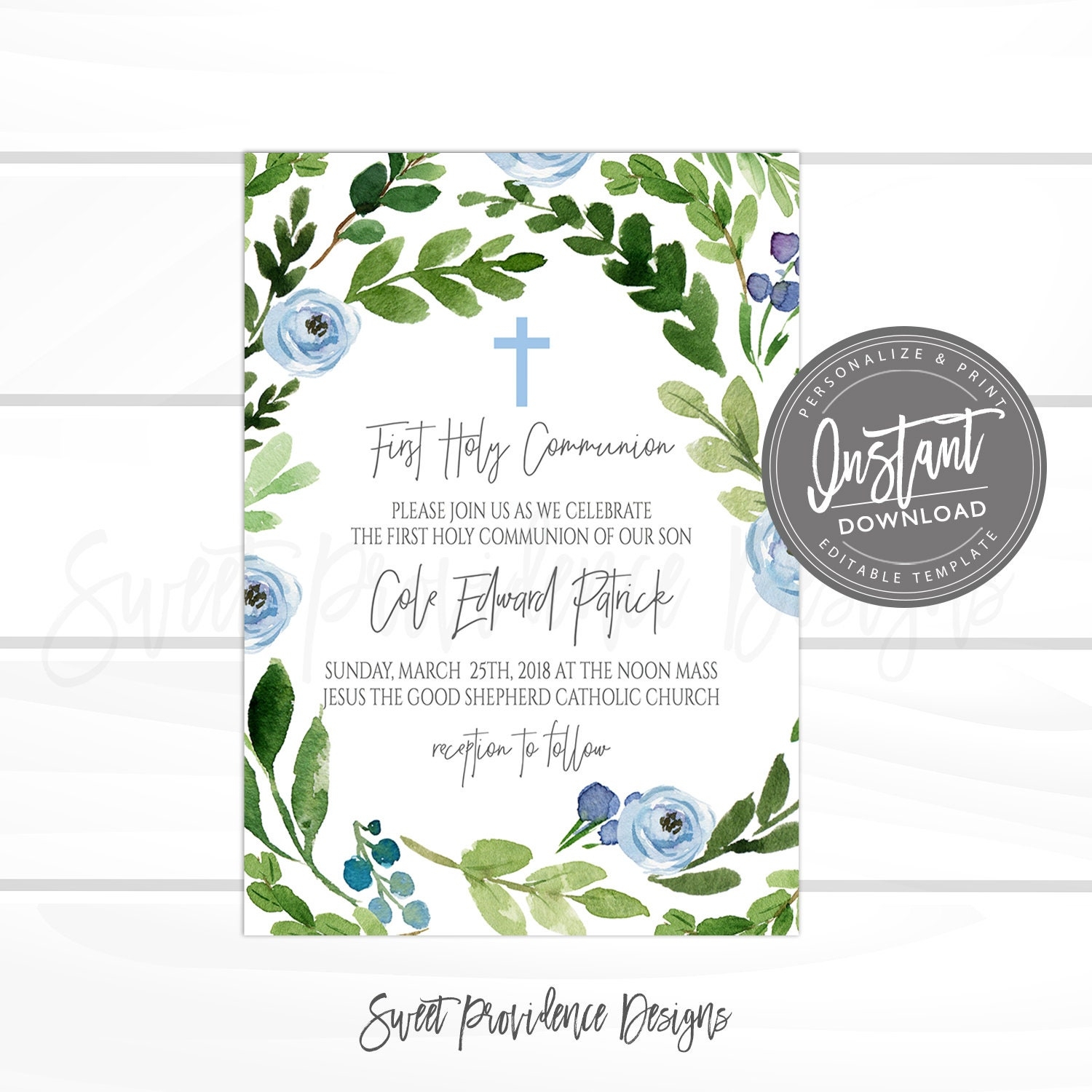 First Communion Invitation EDITABLE 1st Holy Communion Party Invitation PRINTABLE Boy First Religious Invite Instant Access Sweet Providence Designs - Free Printable 1st Communion Invitations