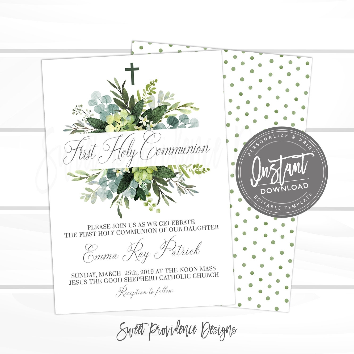 First Communion Invitation EDITABLE Greenery 1st Holy Communion Party Invitation PRINTABLE Boy First Religious Invite Instant Access Sweet Providence Designs - Free Printable 1st Communion Invitations