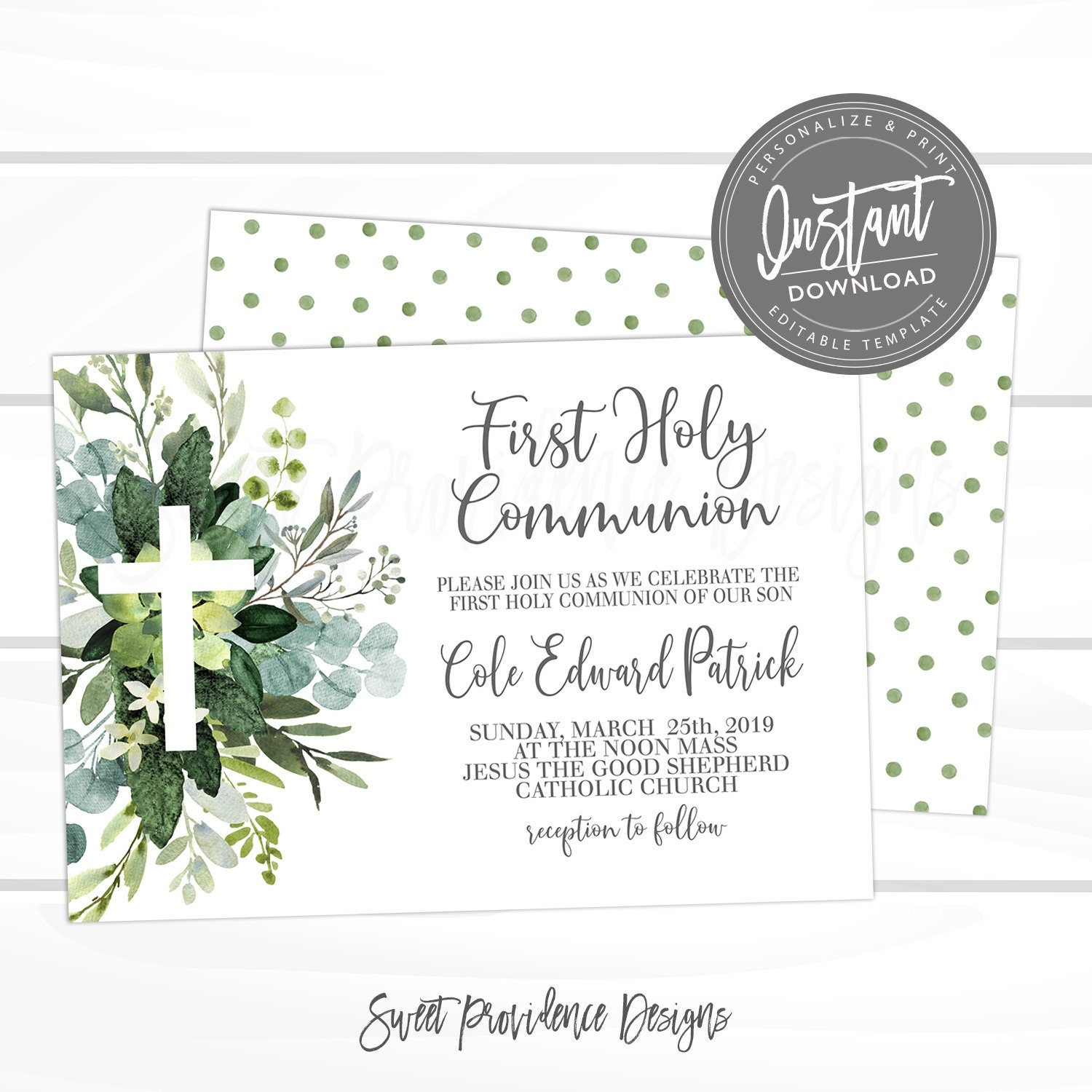 First Communion Invitation EDITABLE Greenery 1st Holy Communion Party PRINTABLE Boy First Religious Eucalyptus Invite Instant Access Sweet Providence Designs - Free Printable 1st Communion Invitations