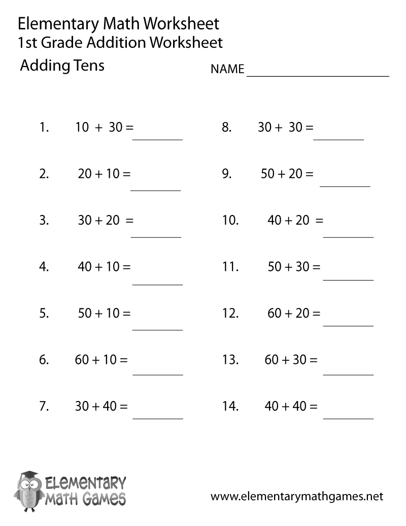 First Grade Adding Tens Worksheet Elementary Math Games - Free Printable Addition Worksheets For 1st Grade