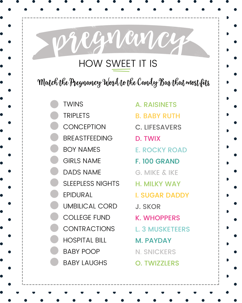 FREE Baby Shower Candy Bar Game 4 Colors Lil Luna - Free Printable Baby Shower Games With Answers
