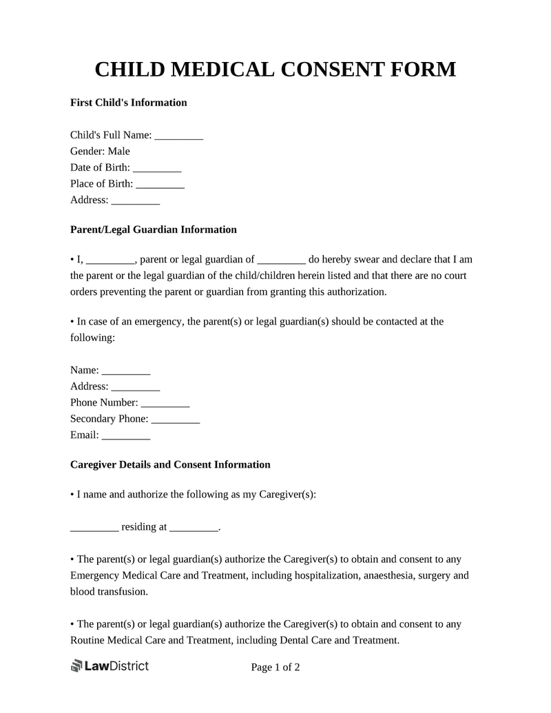 Free Child Medical Consent Form Online Template LawDistrict - Free Printable Child Medical Consent Form