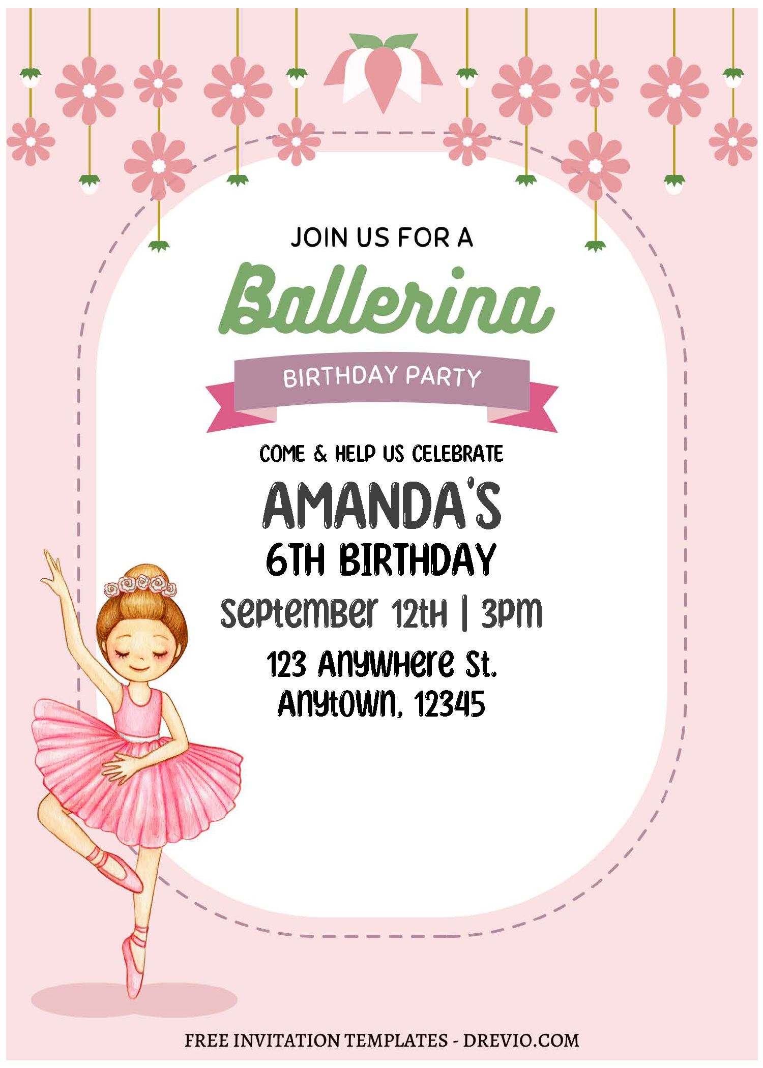 Free Editable PDF Pink Floral Ballerina Birthday Invitation Templates Download Hundreds FREE PRINTABLE Birthday Invitation Templates - Free Printable Ballerina Birthday Invitations
