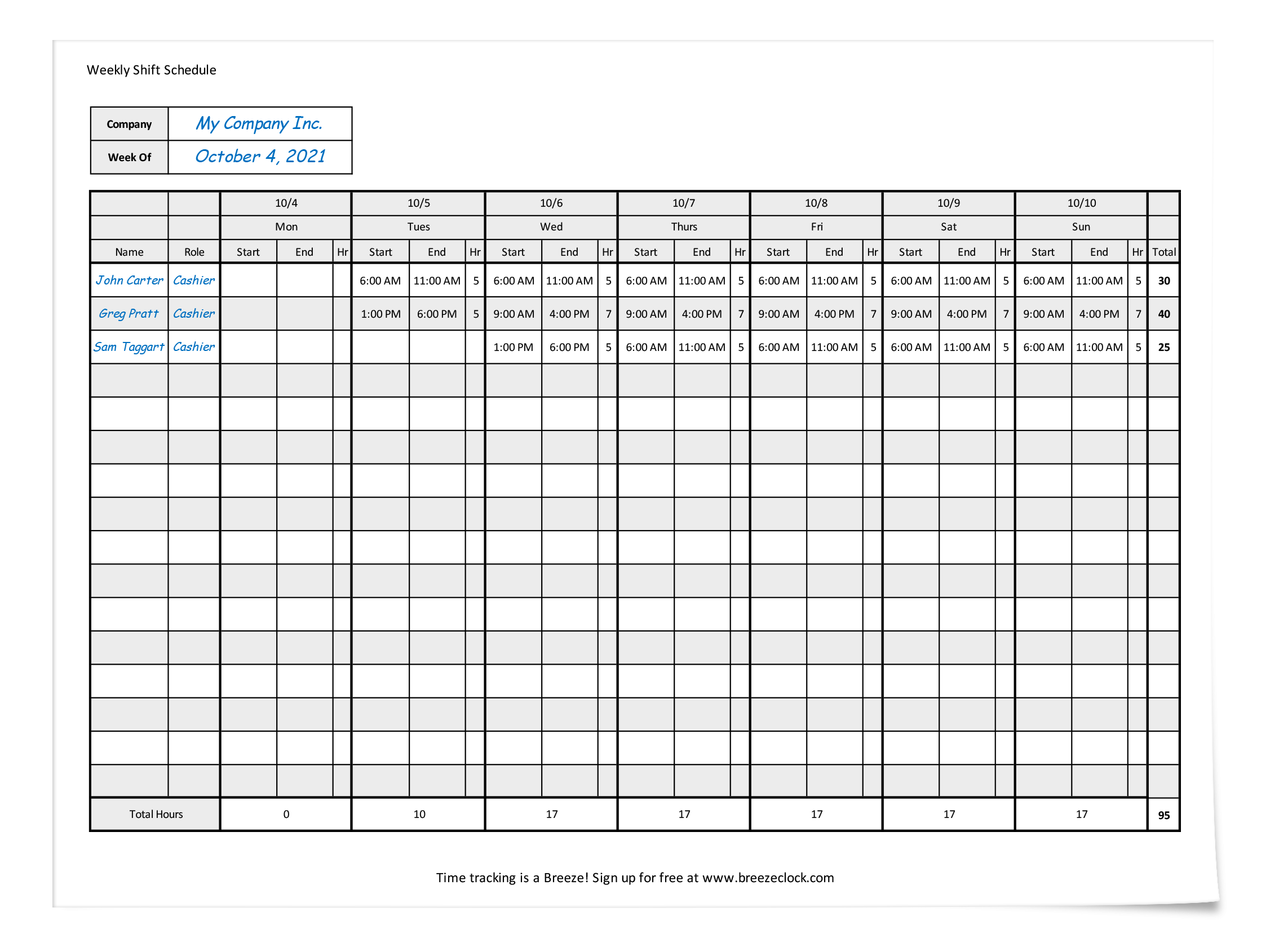 Free Employee Shift Schedule Template Breeze Clock - Free Printable Blank Work Schedules