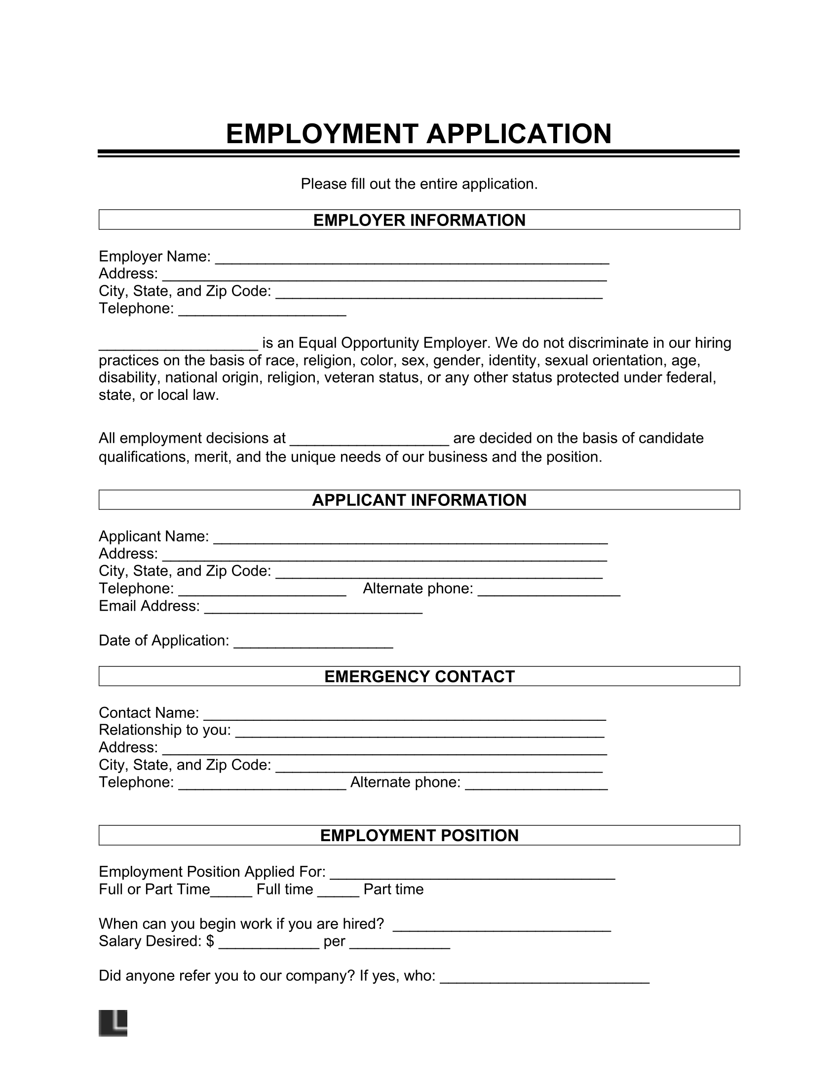 Free Employment Job Application Form PDF Word - Application For Employment Form Free Printable