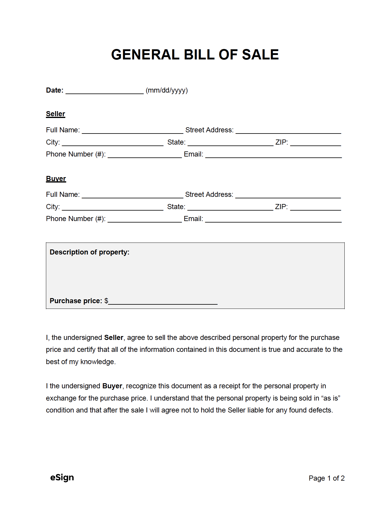 Free General Bill Of Sale Form PDF Word - Free Printable Bill of Sale Form