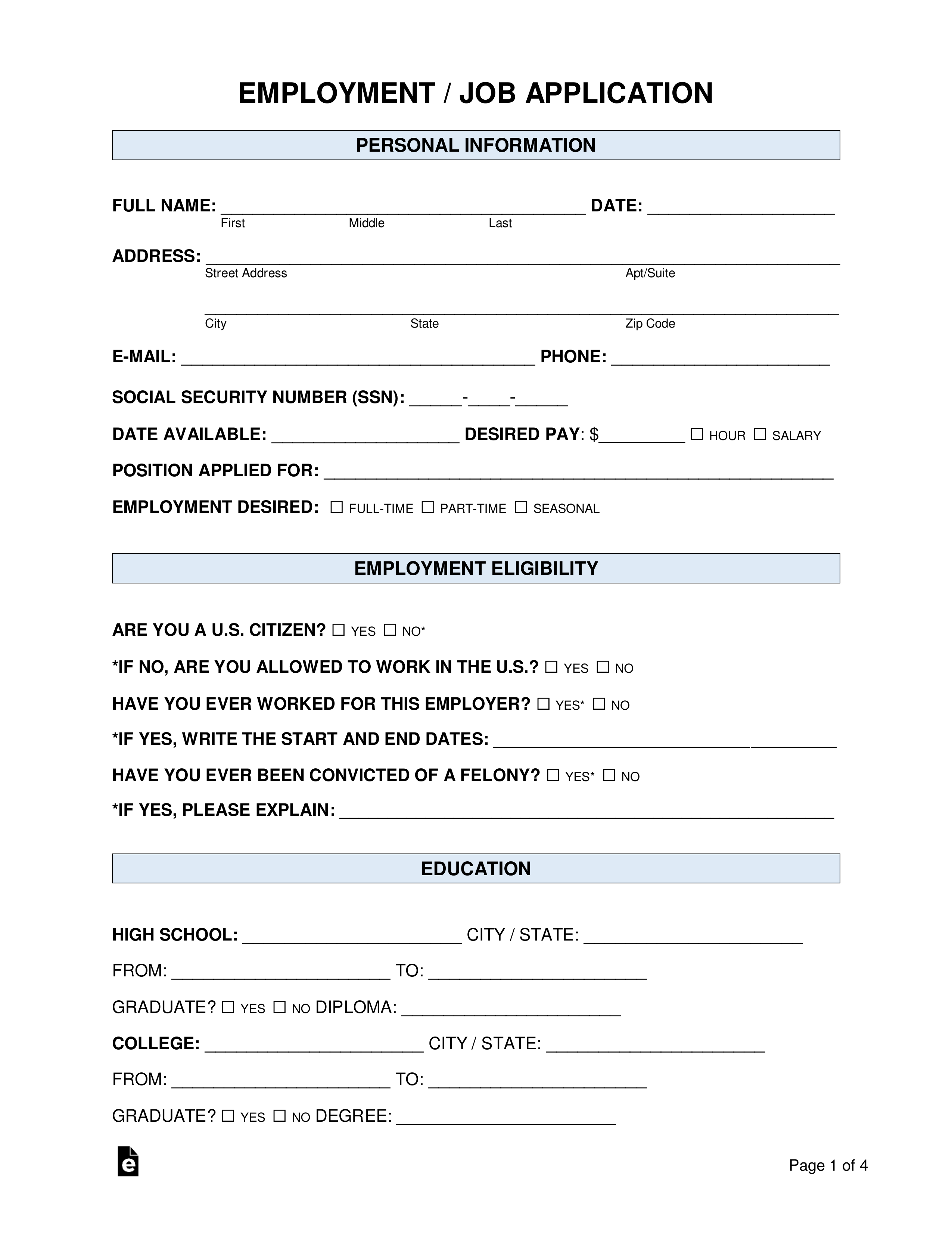 Free Job Application Form standard Template PDF Word EForms - Free Online Printable Applications