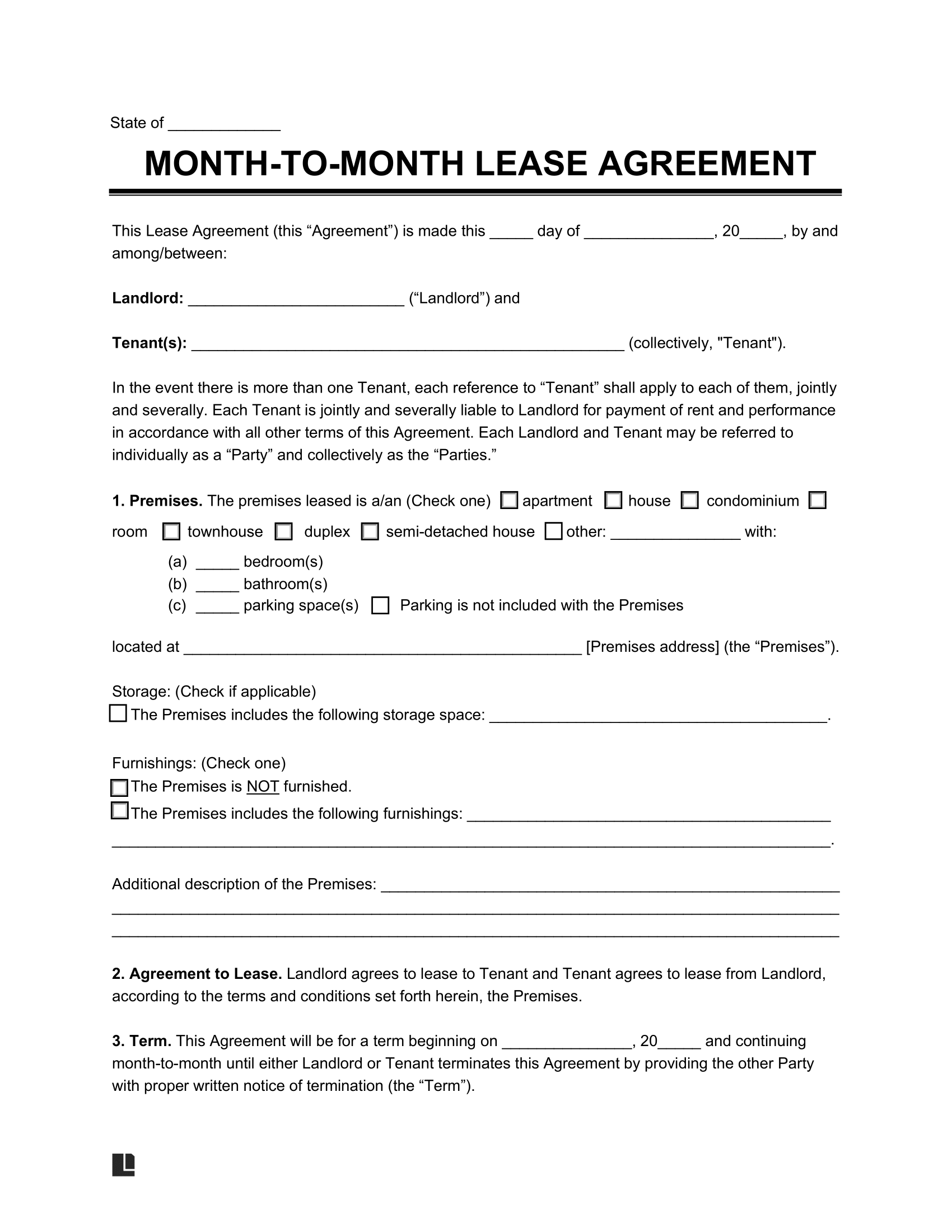 Free Month to Month Rental Agreement Template PDF Word - Blank Lease Agreement Free Printable