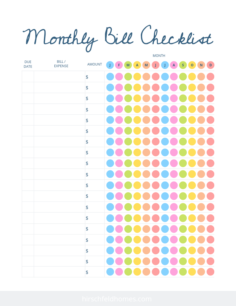 Free Monthly Bill Checklist Hirschfeld - Free Printable Bill Pay Checklist