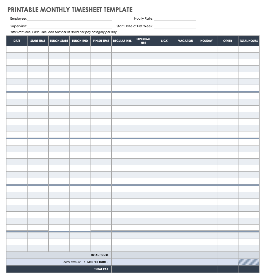 Free Monthly Timesheet Time Card Templates Smartsheet - Free Printable Blank Time Sheets
