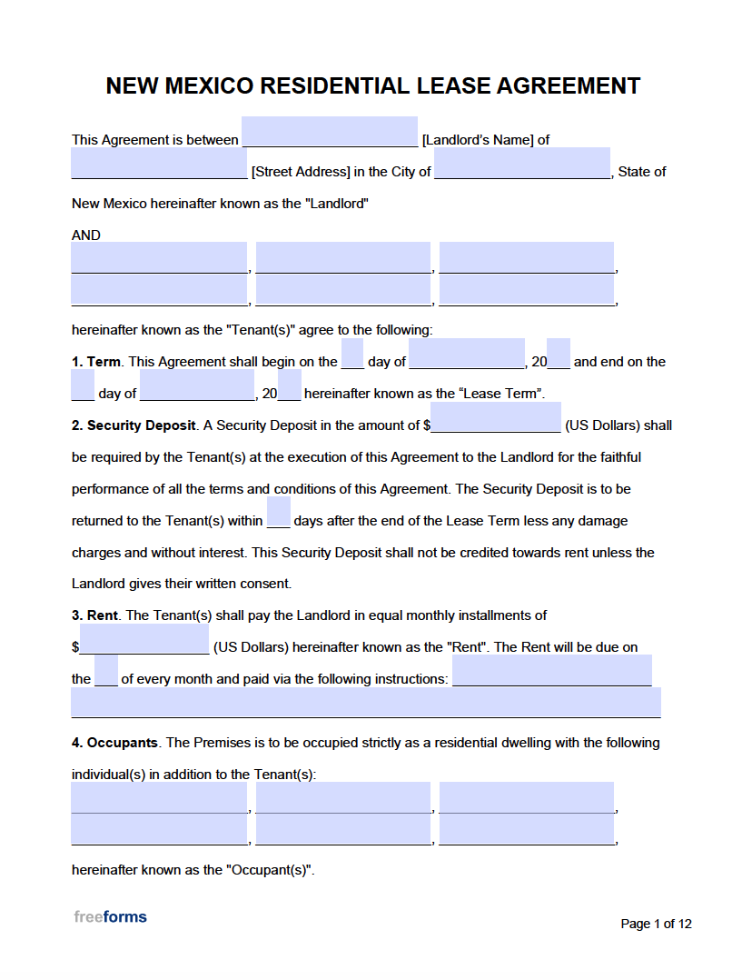 Free New Mexico Rental Lease Agreement Templates PDF WORD - Blank Lease Agreement Free Printable