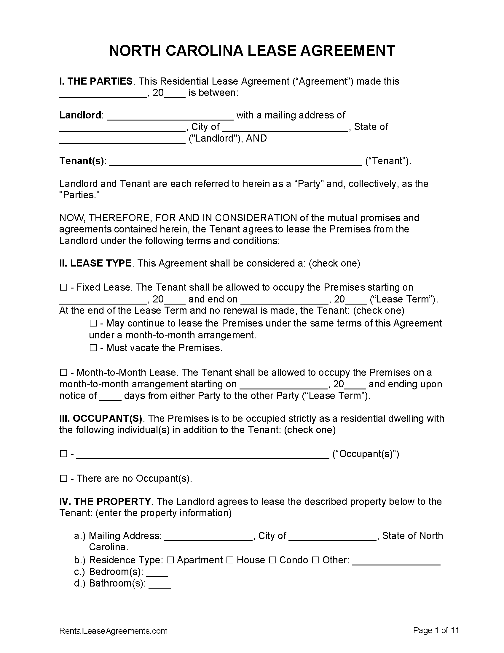 Free North Carolina Residential Lease Agreement PDF - Apartment Lease Agreement Free Printable