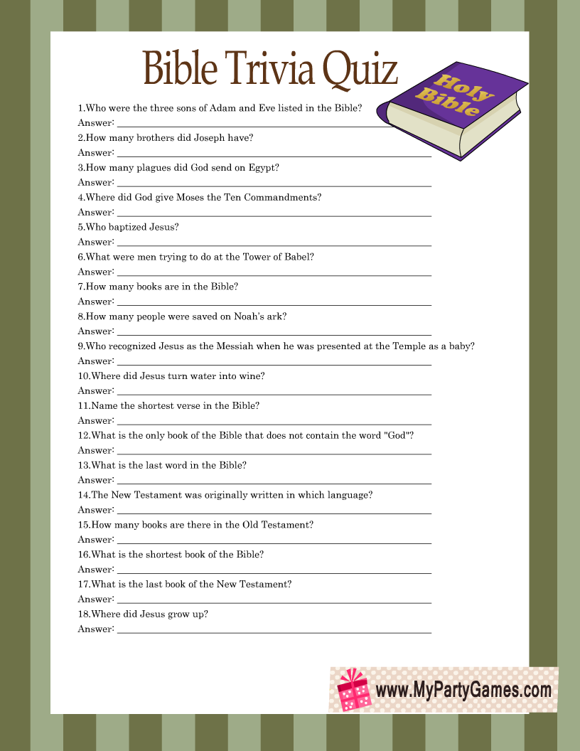 Free Printable Bible Trivia Quiz With Answer Key Bible Trivia Quiz Bible Facts Bible Quiz Games - Free Bible Questions and Answers Printable