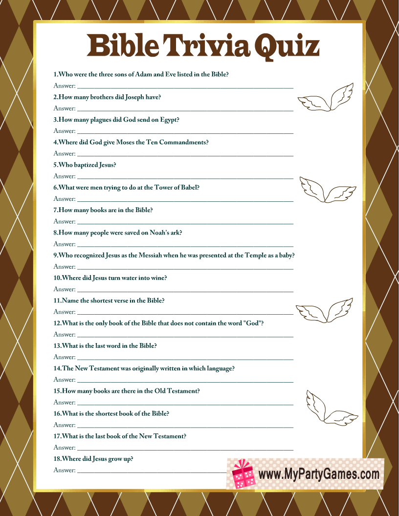 Free Printable Bible Trivia Quiz With Answer Key Bible Trivia Quiz Bible Facts Bible Quiz Questions - Free Printable Bible Trivia Questions and Answers