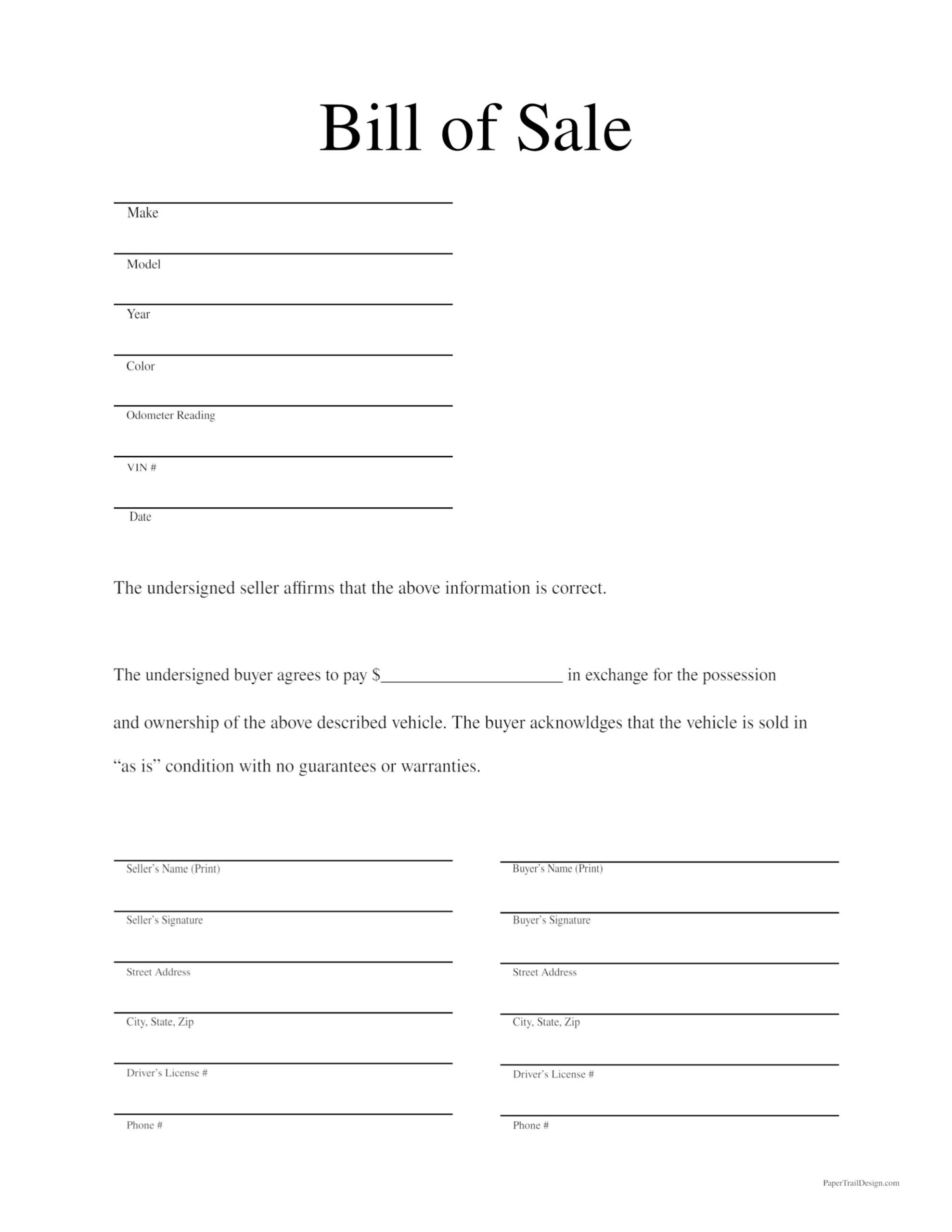 Free Printable Bill Of Sale Template Paper Trail Design - Free Printable Blank Auto Bill of Sale