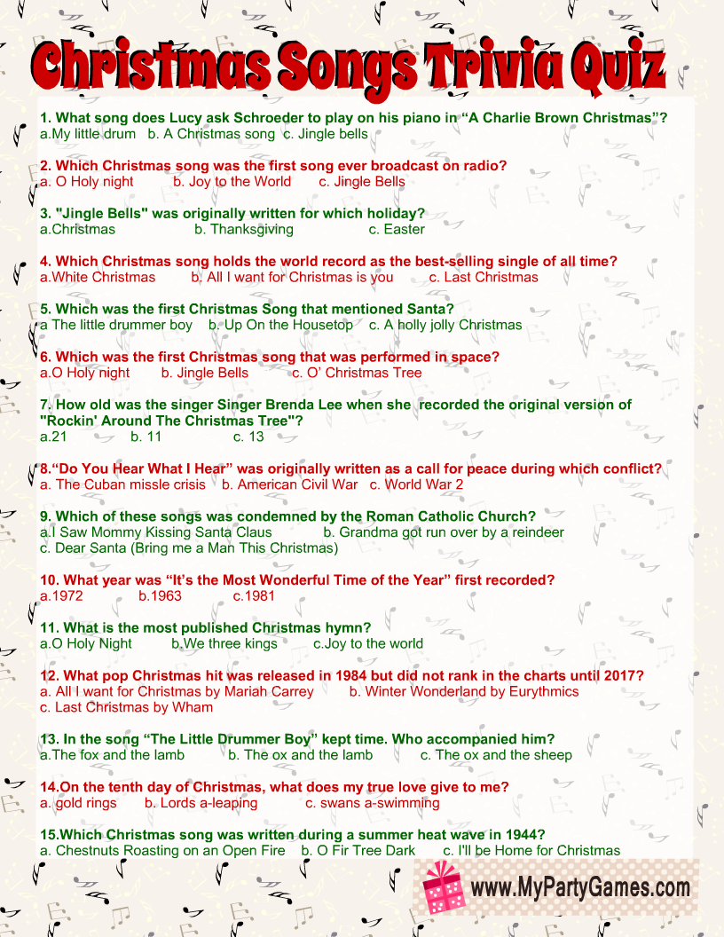 Free Printable Christmas Songs Trivia Quiz - Christmas Song Lyrics Game Free Printable