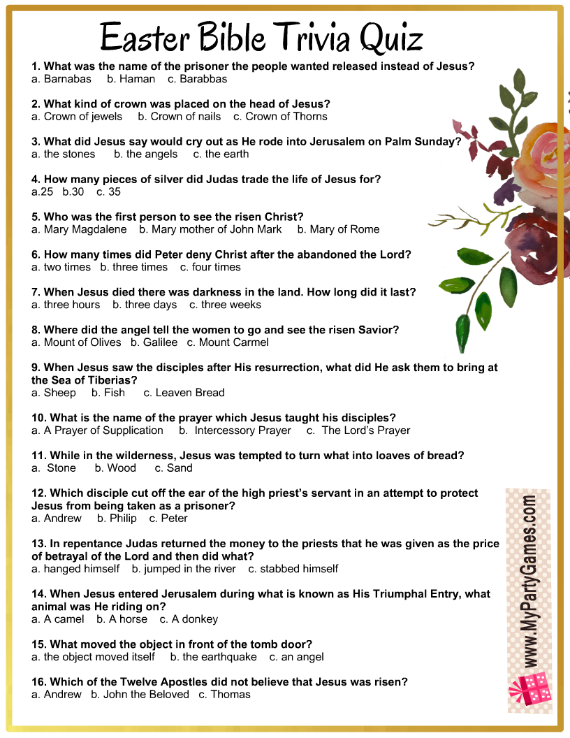 Free Printable Easter Bible Trivia Quiz With Answer Key - Free Bible Questions and Answers Printable