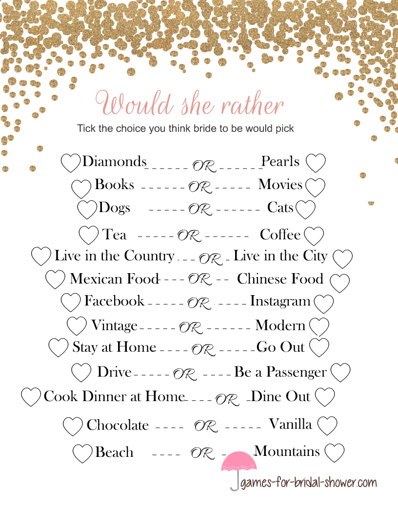 Free Printable Would She Rather Bridal Shower Game - Free Printable Bridal Shower Games