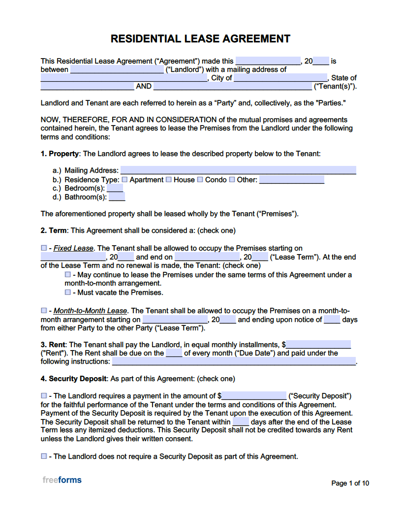 Free Rental Lease Agreement Templates PDF WORD - Blank Lease Agreement Free Printable