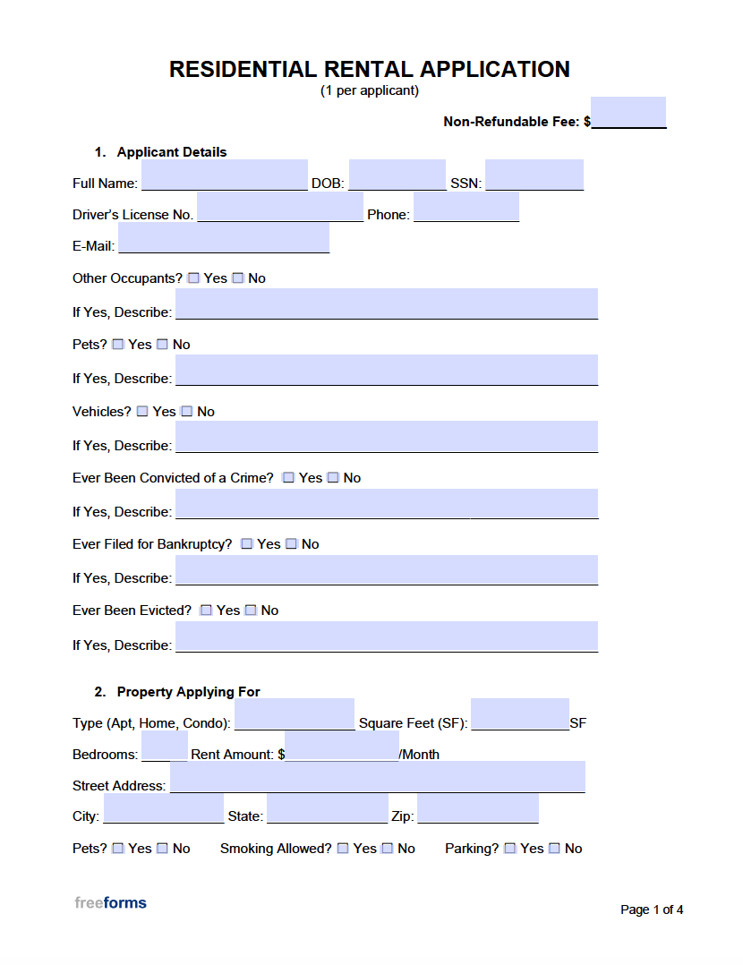 Free Residential Rental Application Form PDF WORD - Free Online Printable Applications