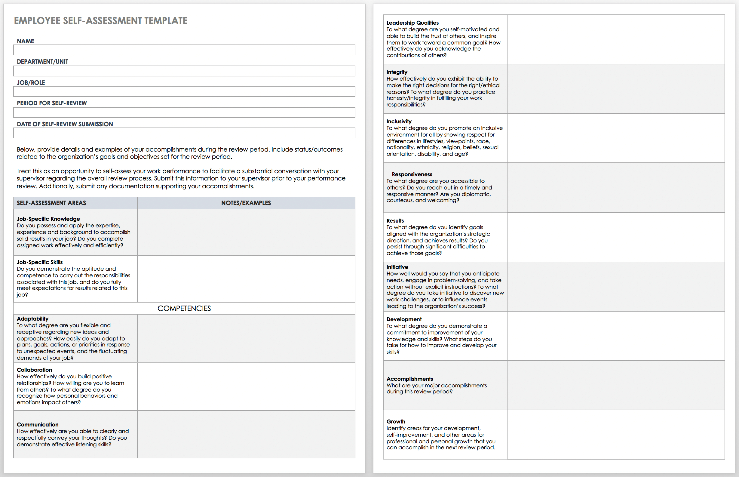Free Self Evaluation Templates Smartsheet - Free Employee Self Evaluation Forms Printable