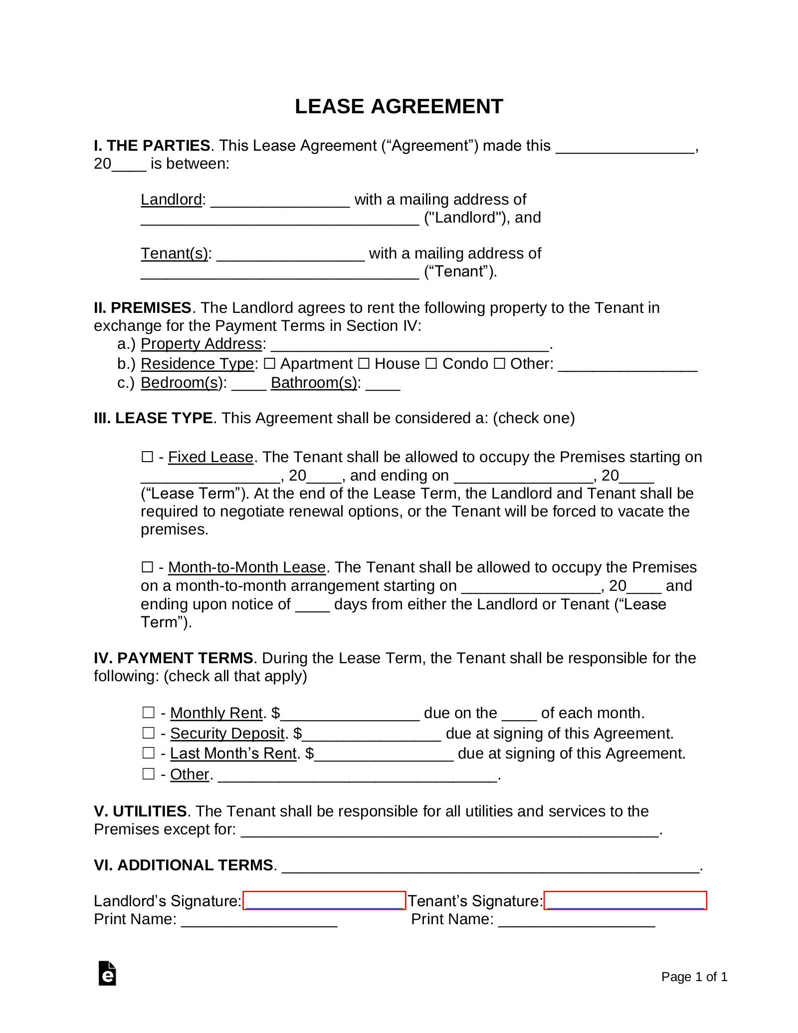 Free Simple 1 Page Lease Agreement Template Sample PDF Word EForms - Blank Lease Agreement Free Printable