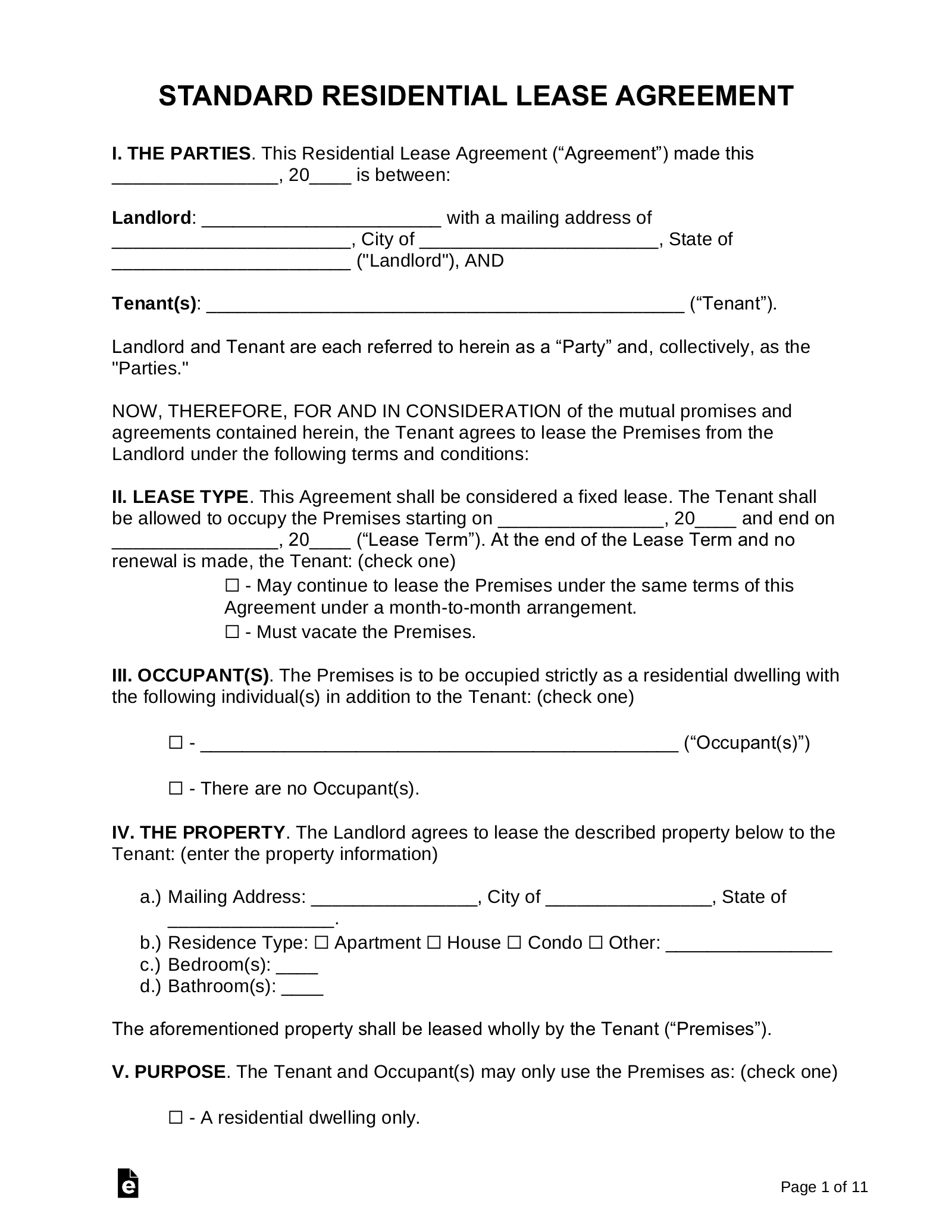 Free Standard Residential Lease Agreement Template PDF Word EForms - Apartment Lease Agreement Free Printable