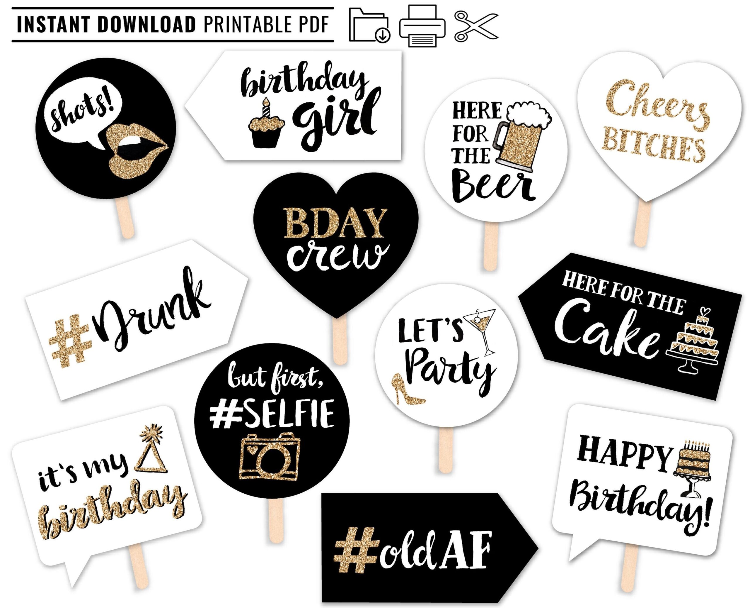 Funny Adult Birthday Printable Photo Booth Props 12 Signs Gold White And Black Alcohol Drinking Bday Etsy - Free Printable 30Th Birthday Photo Booth Props
