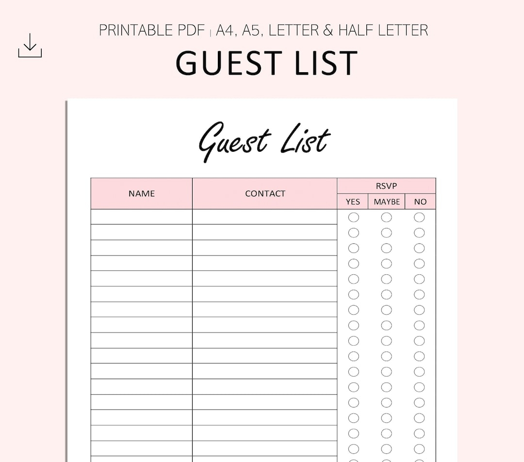 Guest List Event List Printable Event RSVP Tracker Party Invitation List Event Contact List PDF A4 A5 Letter Half Letter Etsy - Free Printable Birthday Guest List