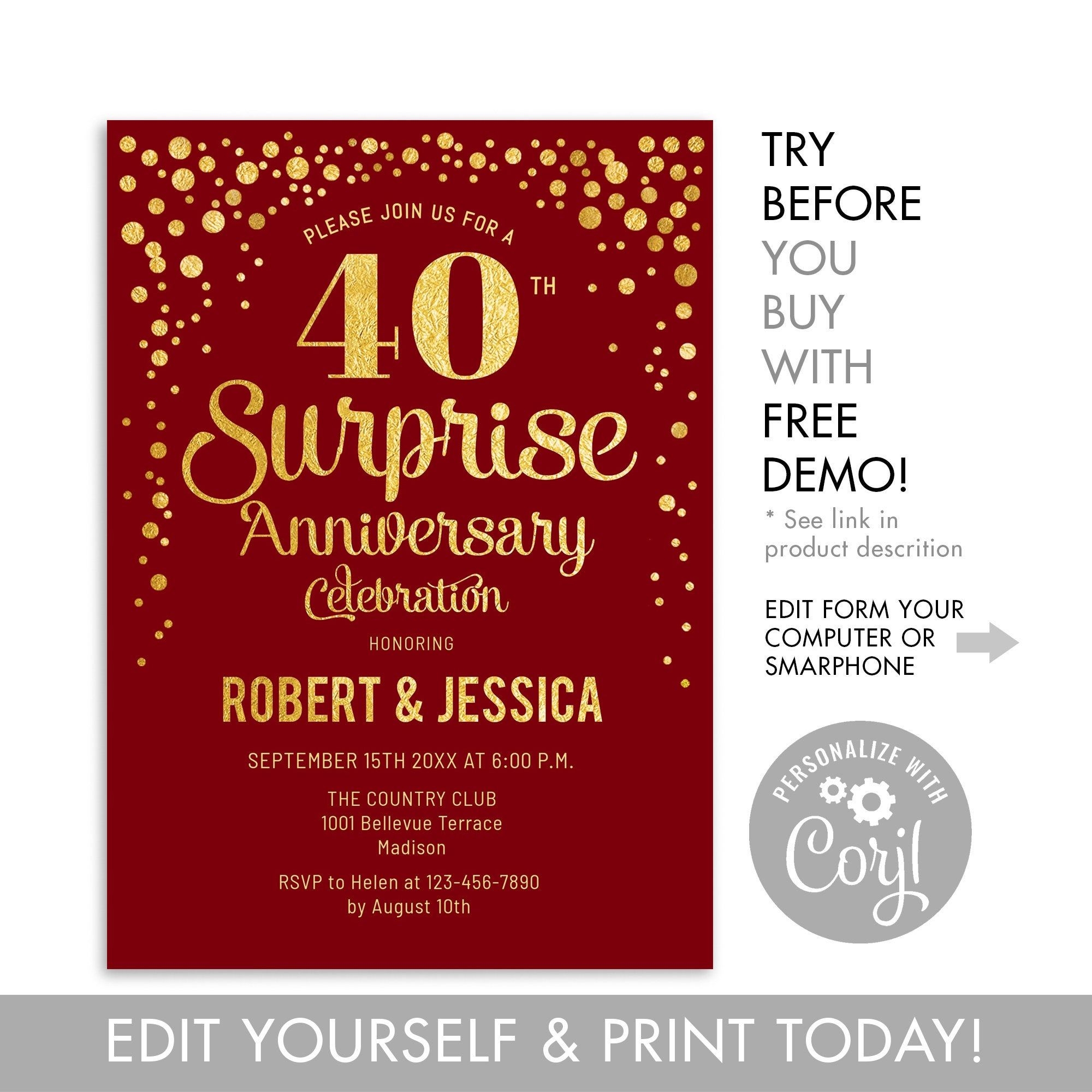 INSTANT DOWNLOAD 40th Surprise Wedding Anniversary Party Invitation ANY Year Digital Template Glitter Gold Foil Ruby Red Etsy UK Wedding Anniversary Party Invitations Wedding Anniversary Invitations Anniversary Invitations - Free Printable 40Th Anniversary Invitations