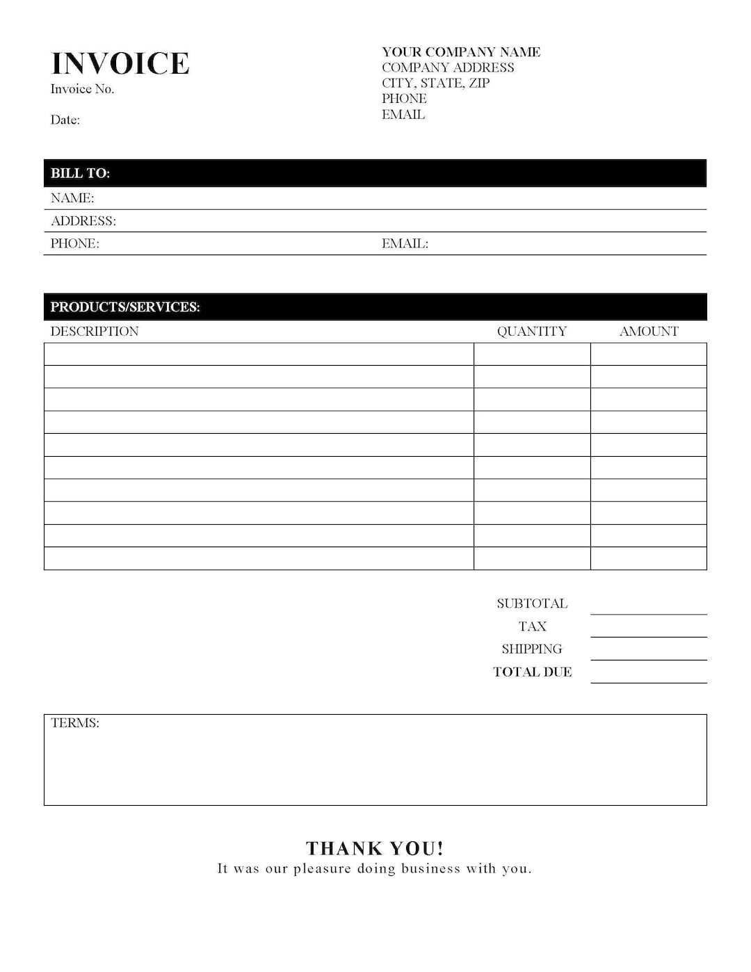 Invoice Template Printable Invoice Business Form Editable Invoice Receipt Microsoft Word Invoice Invoice Template Download Etsy - Free Bill Invoice Template Printable