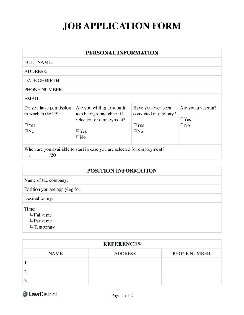 Job Application Form Free Simple PDF Template LawDistrict - Application For Employment Form Free Printable
