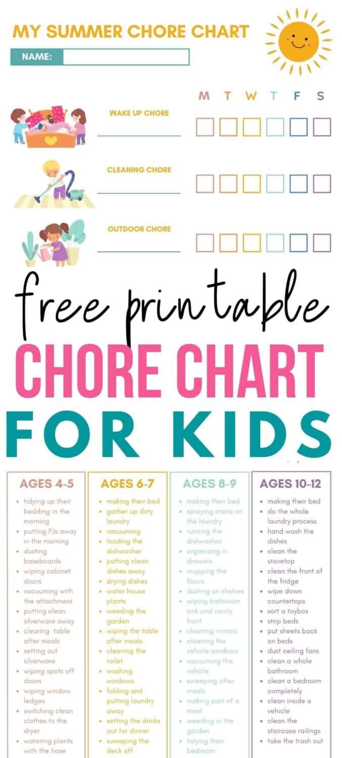 Kids Summer Chore Chart For All Ages Free Printable - Free Printable Chore Charts For 7 Year Olds