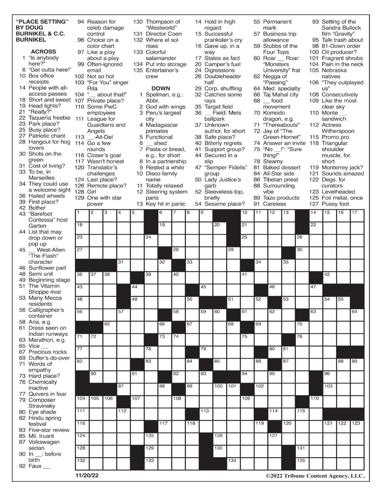 LA Times Crossword Nov 20 2022 Crosswords Yakimaherald - Free La Times Crossword Printable