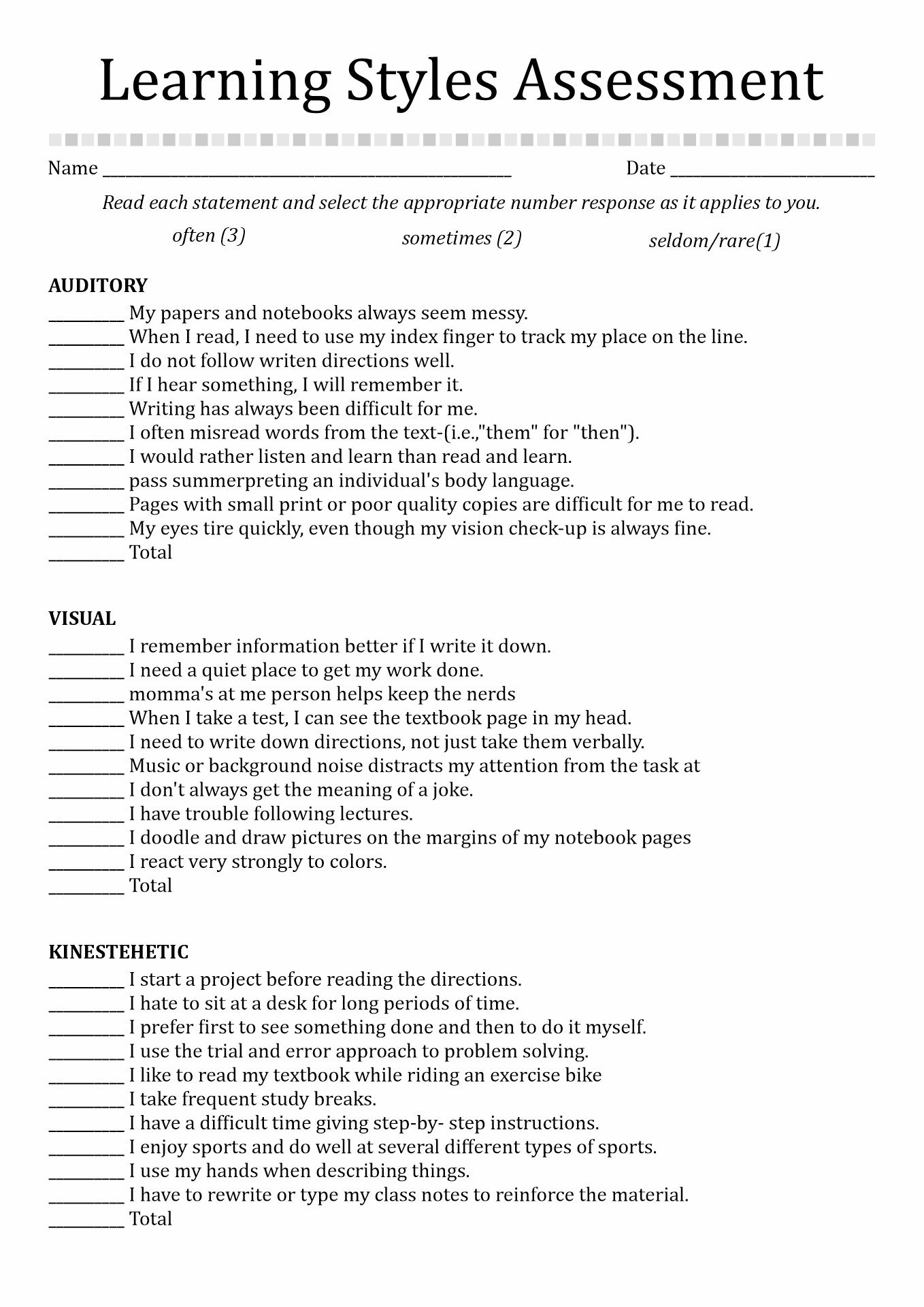 Learning Style Inventory Questionnaire Learning Style Inventory Learning Style Assessment Learning Styles - Free Learning Style Inventory For Students Printable