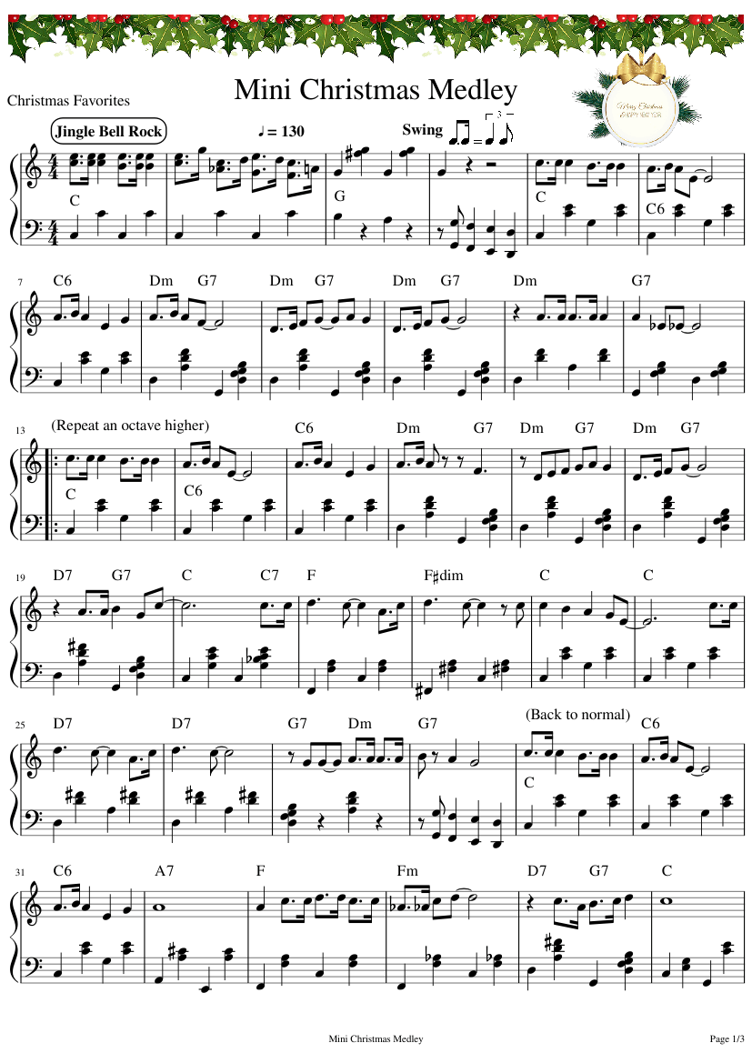 Mini Christmas Medley Sheet Music For Piano Solo Musescore - Free Christmas Piano Sheet Music For Beginners Printable